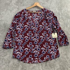 Hinge Shirt Women Size 1 Burgundy Top Floral Print Career Boho Basic Long Sleeve
